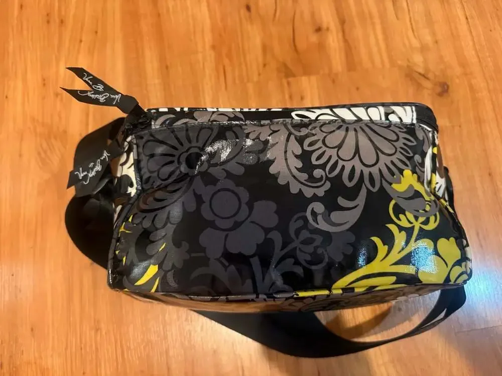 Vera Bradley Black Yellow Floral PVC Laminated Crossbody Lunch Bag